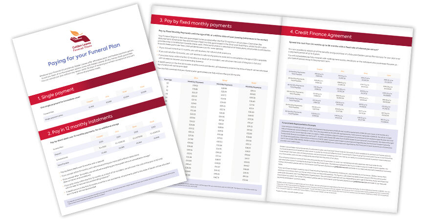 Pages from the Golden Leaves brochure showing payment options available for funeral plans