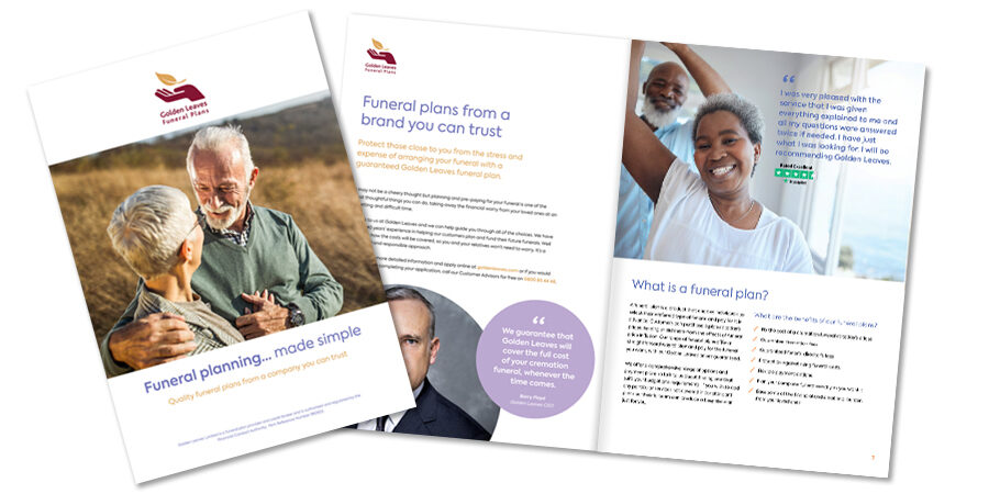 Front cover and first pages of the Golden Leaves Funeral Plans brochure
